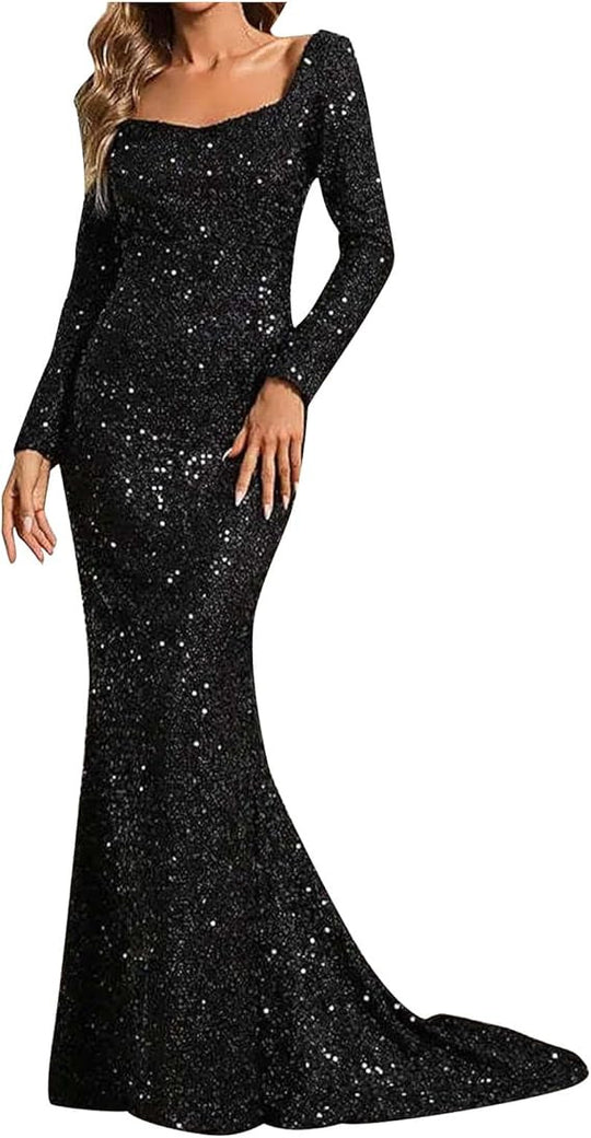 Damen Glamouröses Glitzer-Abendkleid mit schwingendem Rock und voluminösen Ärmeln EB