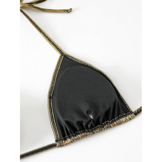 Damen Glänzender Triangel-Bikini mit Raffung und verspieltem Rock EB