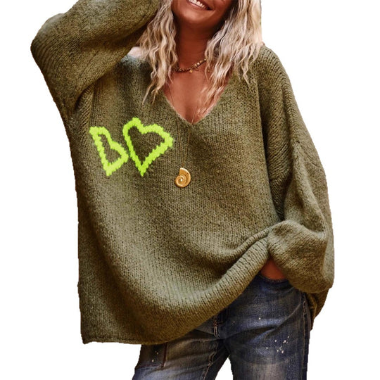 Damen lässiger Oversized-Pullover mit Herzapplikationen EB