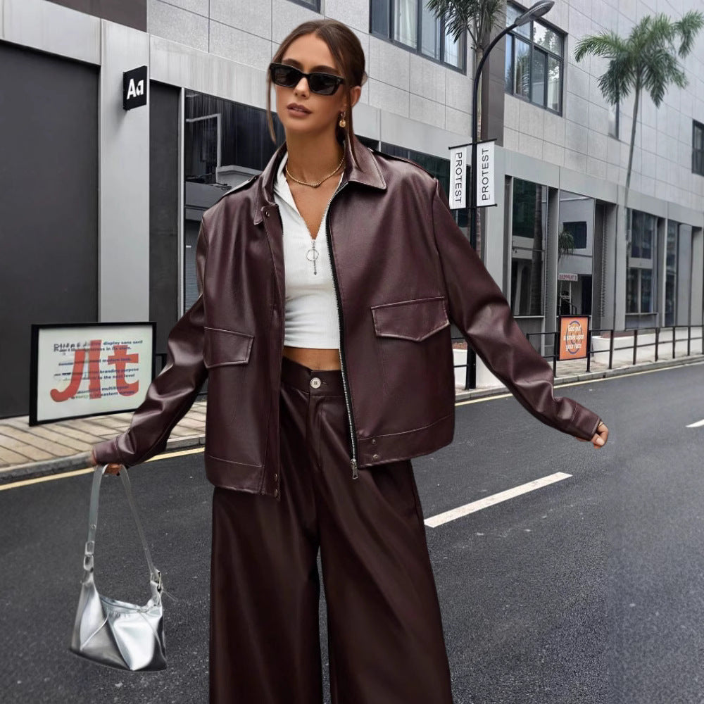 Damen modische Kunstlederjacke im Oversized-Stil EB