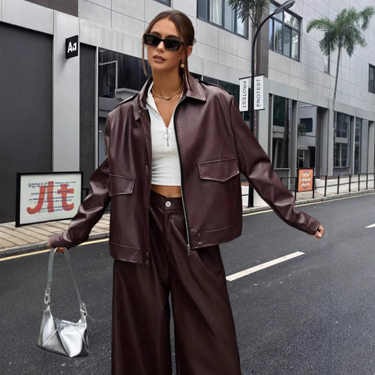Damen modische Kunstlederjacke im Oversized-Stil EB