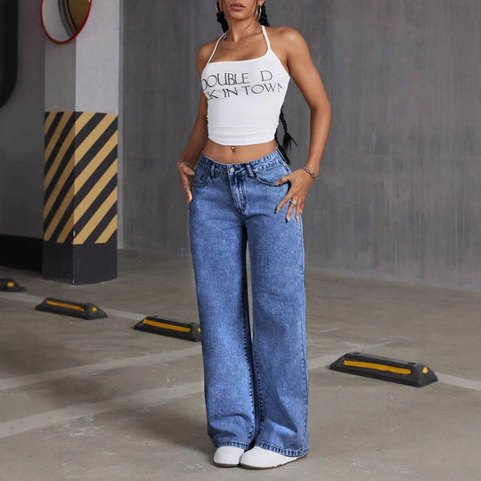 Damen Weit geschnittene Jeans mit kräftigen Kontrastnähten und verspielt gestickten Taschen EB