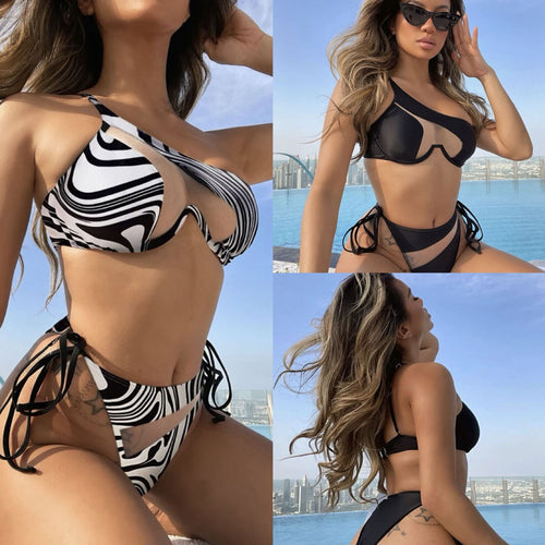 Damen Asymmetrischer Bikini mit transparenten Einsätzen EB