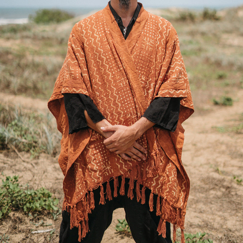 Herren lässiger Poncho mit einzigartigem Mustermix und Fransen EB