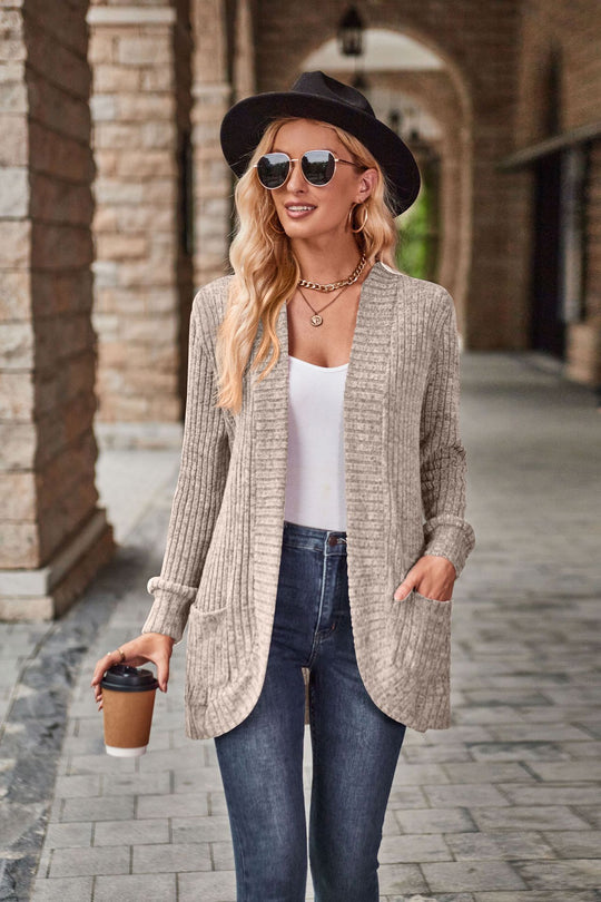 Damen nan langer gerippter Cardigan mit aufgesetzten Taschen und offener Front EB