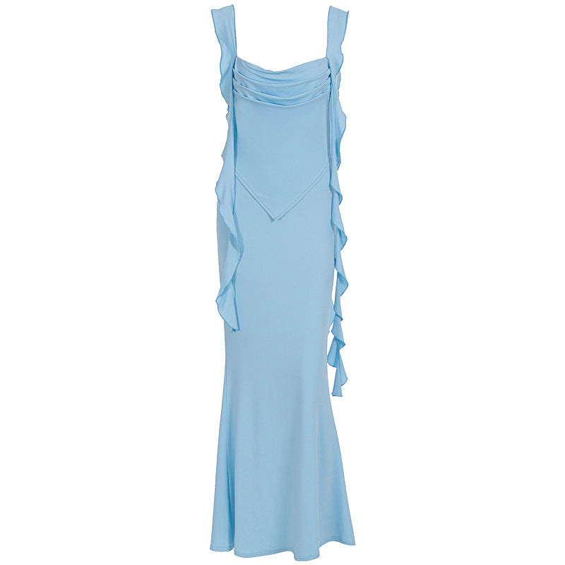Damen Elegantes Maxi-Kleid mit asymmetrischen Rüschendetails und tiefem V-Ausschnitt EB