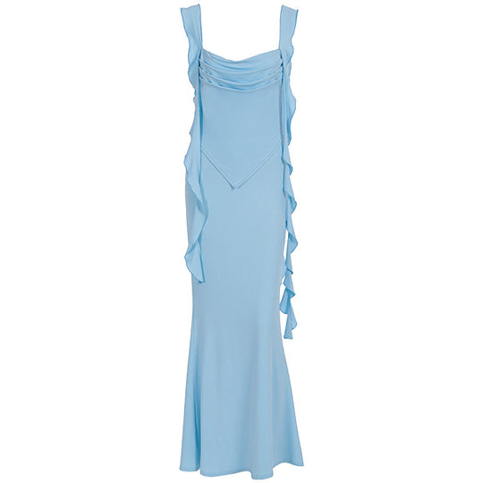 Damen Elegantes Maxi-Kleid mit asymmetrischen Rüschendetails und tiefem V-Ausschnitt EB