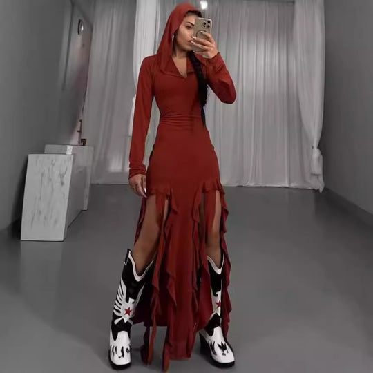 Damen Langarm Maxikleid mit Kapuze und Rüschendetails EB