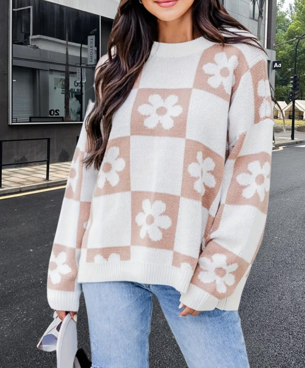 Damen Oversized Strickpullover mit floralem Muster und lässigem Schnitt EB