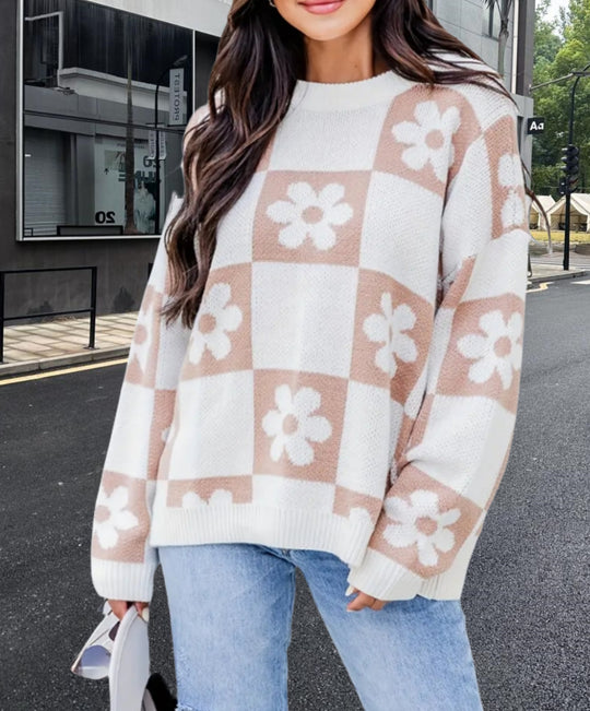 Damen Oversized Strickpullover mit floralem Muster und lässigem Schnitt EB