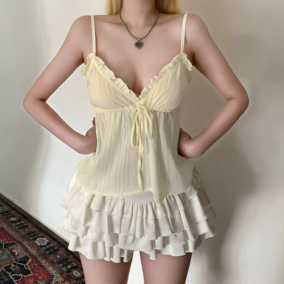 Damen leichtes Spaghetti-Trägertop mit verspieltem Rüschendesign und verstellbarem Bund EB