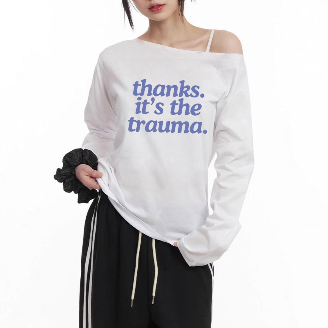 Damen nan Off-Shoulder Langarm-Cropshirt mit Statement-Print, asymmetrischem Ausschnitt und lockerem Oversize-Schnitt EB