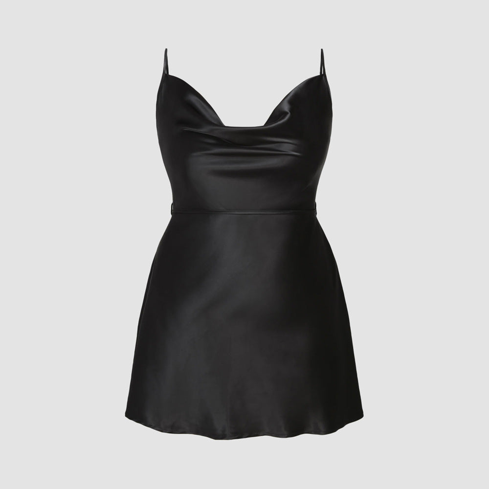 Damen elegantes Satin-Kleid mit verstellbaren Trägern und Taillenband EB