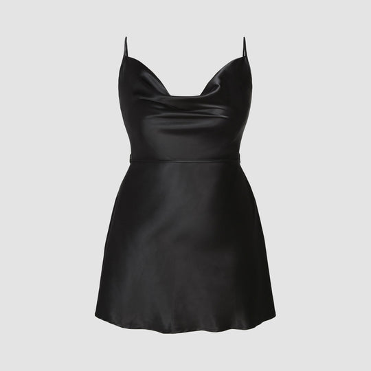 Damen elegantes Satin-Kleid mit verstellbaren Trägern und Taillenband EB