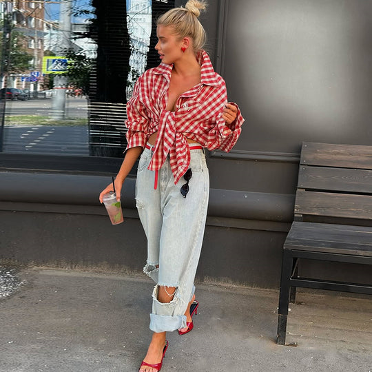 Damen Oversize-Karohemd mit knotenförmigem Detail EB