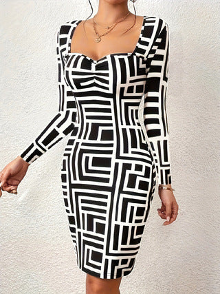 Damen Figurbetontes Langarmkleid mit geometrischem Muster und kreativem Ausschnitt EB