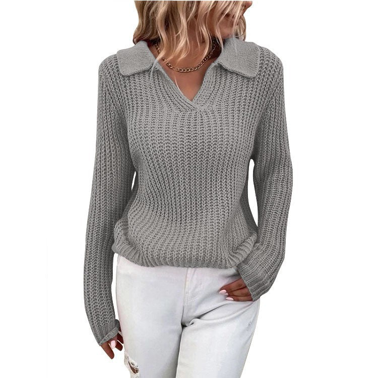 Damen V-Ausschnitt Strickpullover mit Kragen EB