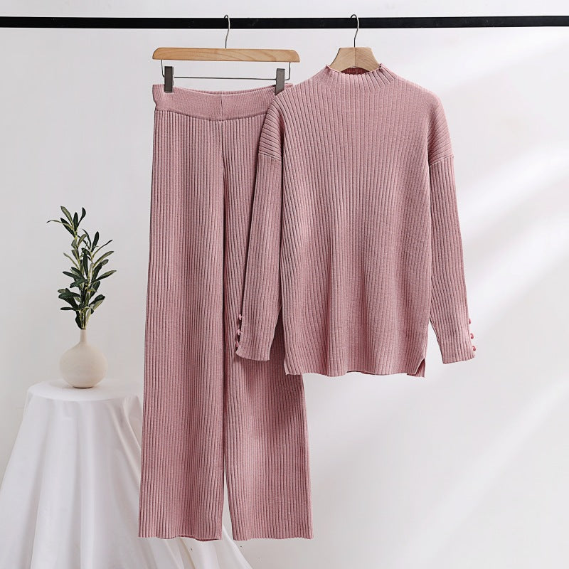 Damen lässiger Strickanzug mit Stehkragen und Knopfdetails EB