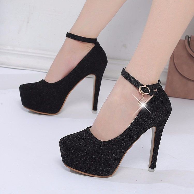 Damen Glitzernde Plateau-Pumps mit Feinem Riemchen und Elegantem Schmuckdetail EB