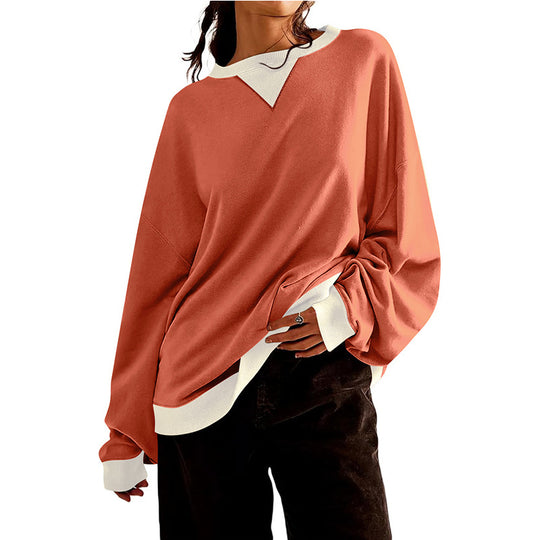 Damen lässiges Sweatshirt mit V-Ausschnitt und Kontrastbündchen EB