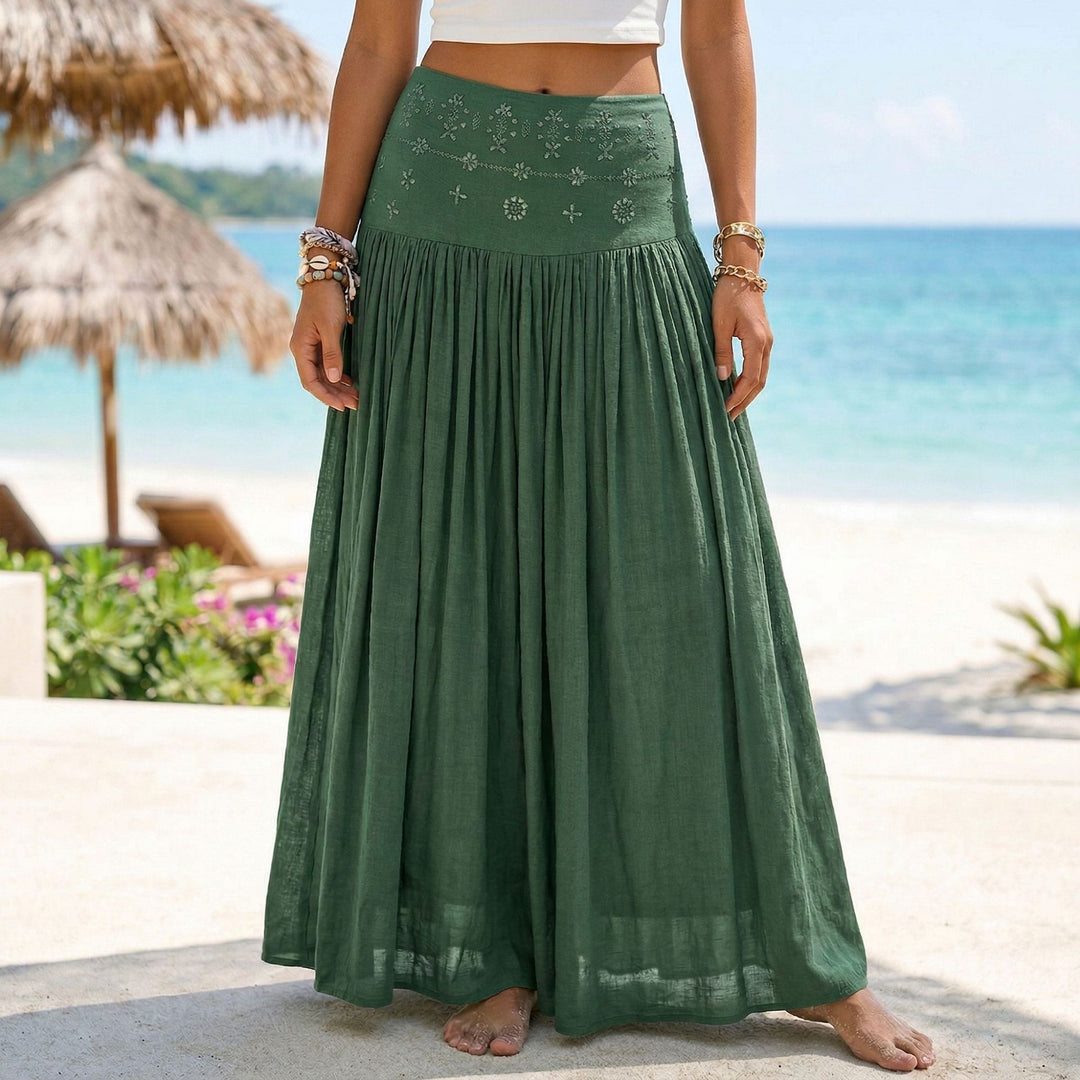 Damen nan maxi-Volantrock mit besticktem Bund und feinen Falten EB