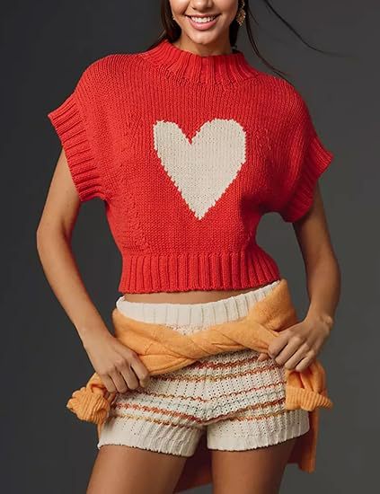 Damen lässiger Kurzarm Pullover mit Herzmotiv EB