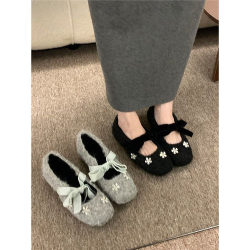 Damen modische Ballerinas mit floralem Dekor und Veloursdetails EB