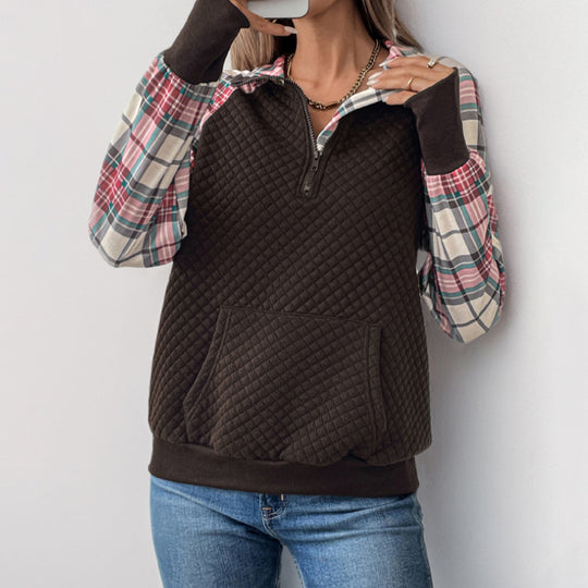 Damen lässiger Fleece-Pullover mit Karomuster und praktischen Kängurutaschen EB