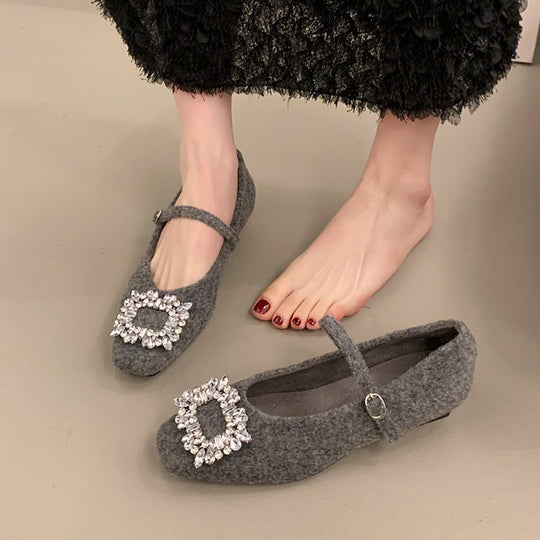 Damen Filz-Ballerinas mit eleganter Schnallenverzierung und funkelndem Kristallschmuck EB