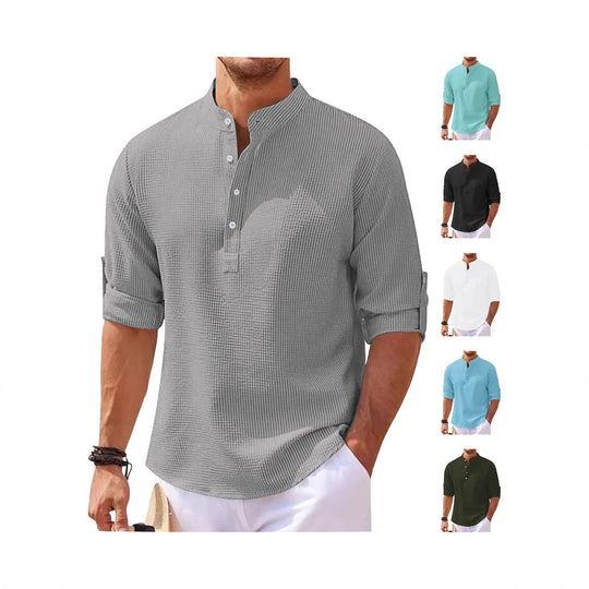 Damen nan oversized Langarm-Henley mit Stehkragen Waffelstruktur und Ärmelsicherung EB