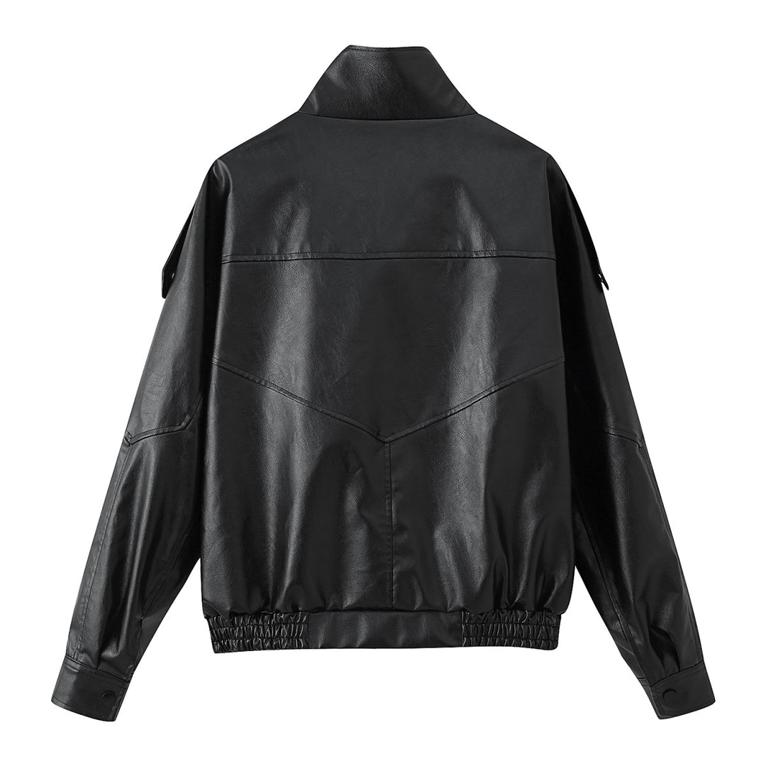 Damen Kunstlederjacke mit modischem Stehkragen und praktischen Taschen EB