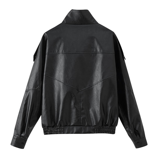 Damen Kunstlederjacke mit modischem Stehkragen und praktischen Taschen EB