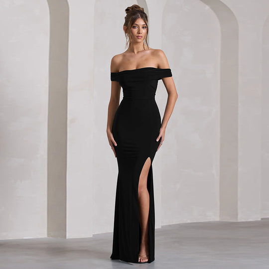 Damen Maxi-Kleid mit schulterfreiem Design und elegantem Schlitz EB