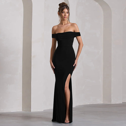 Damen Maxi-Kleid mit schulterfreiem Design und elegantem Schlitz EB