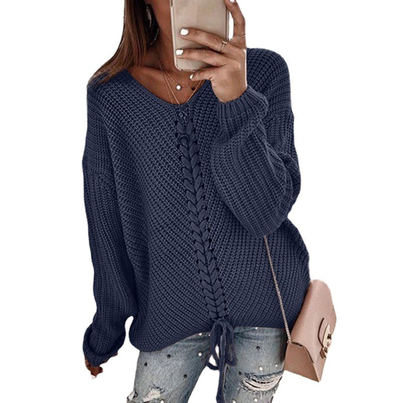 Damen Grobstrickpullover mit romantischen Schnürdetails und lässigem Schnitt EB
