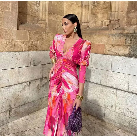 Damen Wickelkleid mit voluminösen Ärmeln und elegantem Design EB