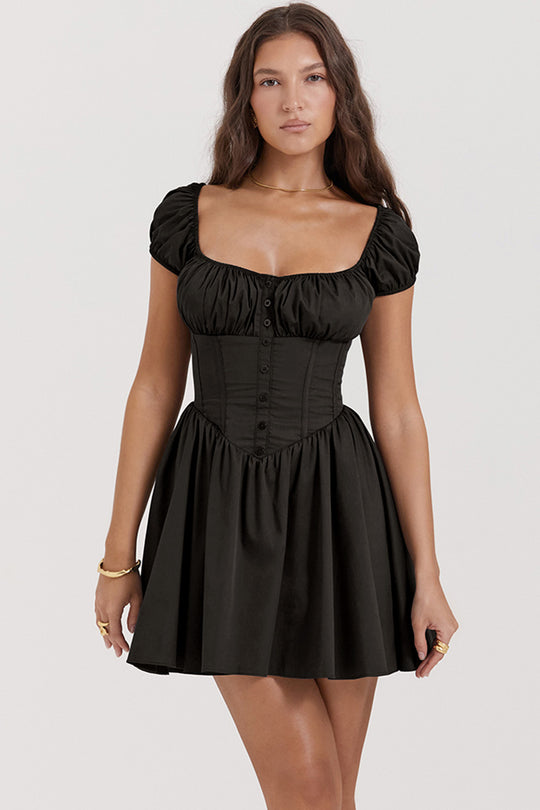 Damen Kurzärmeliges Sommerkleid mit raffiniertem Puffärmel-Design und Taillenbetonung EB