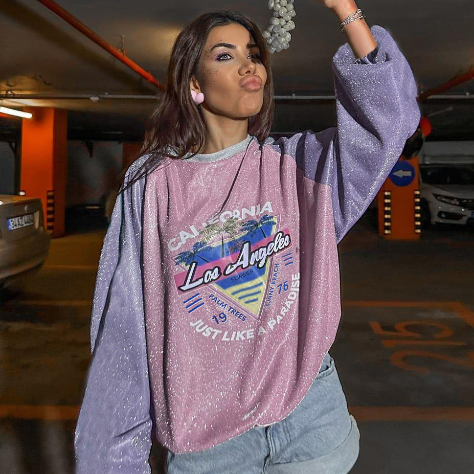 Damen Glitzerndes Oversize-Sweatshirt mit Raglanärmeln und Retro-Los-Angeles-Print EB