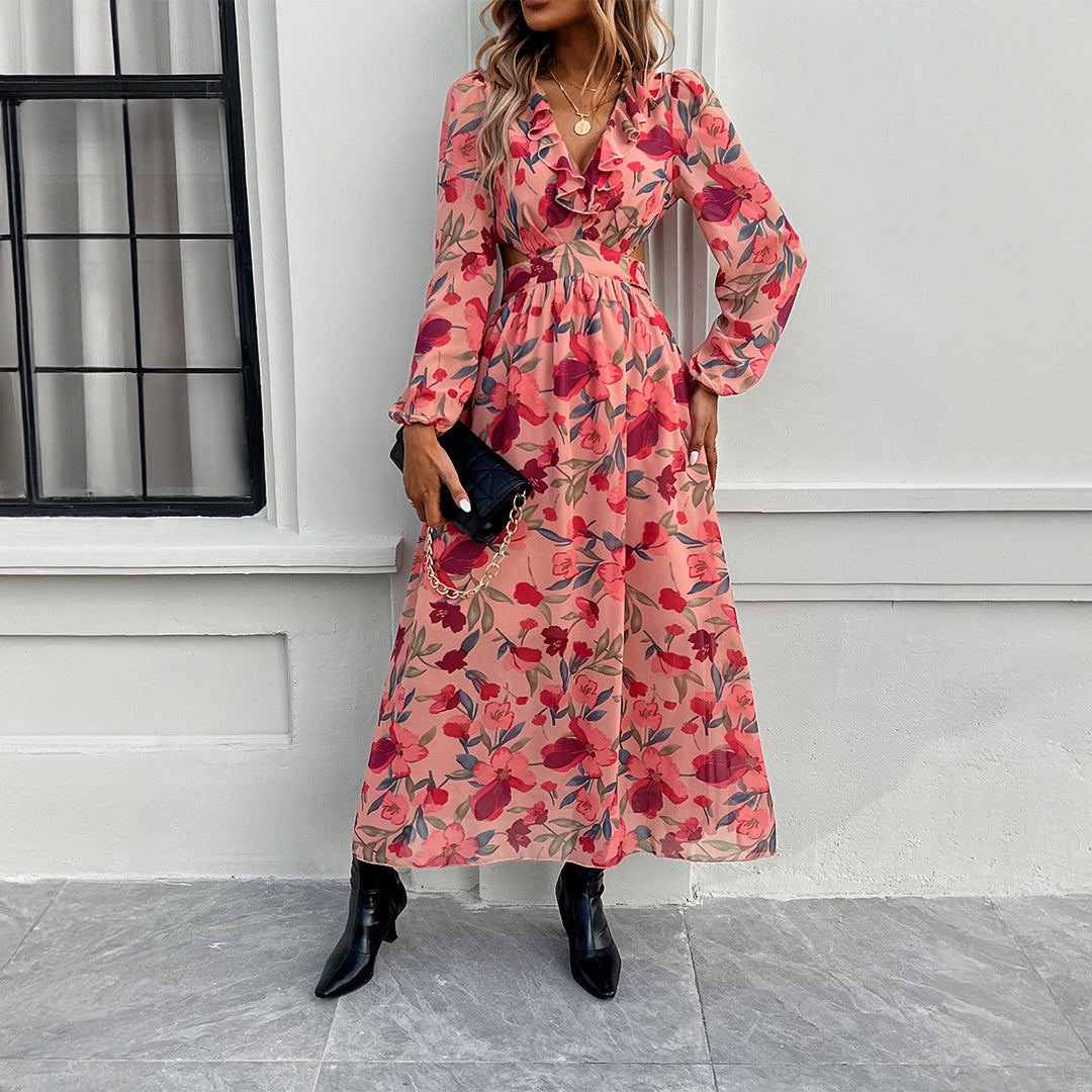 Damen nan luftig-fließendes Chiffon-Maxikleid mit Taillen-Cutouts, Rüschen-V-Ausschnitt und langen, transparenten Ärmeln EB