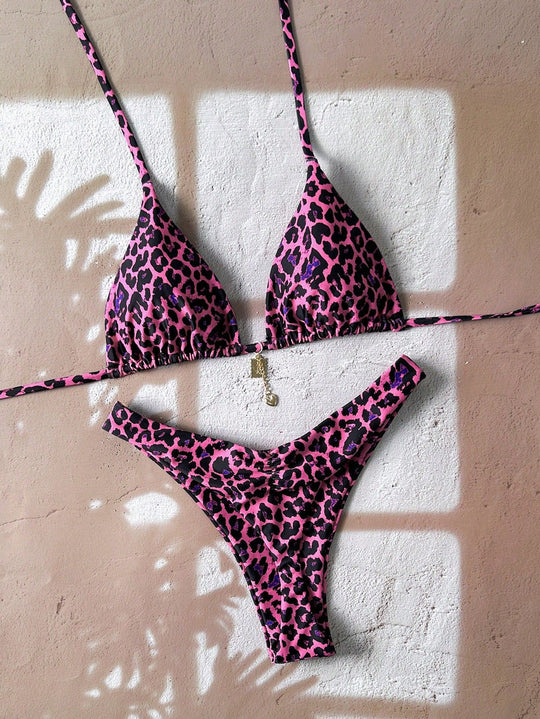 Damen Triangel-Bikini mit aufregendem Tierdruck und verstellbaren Bindebändern EB