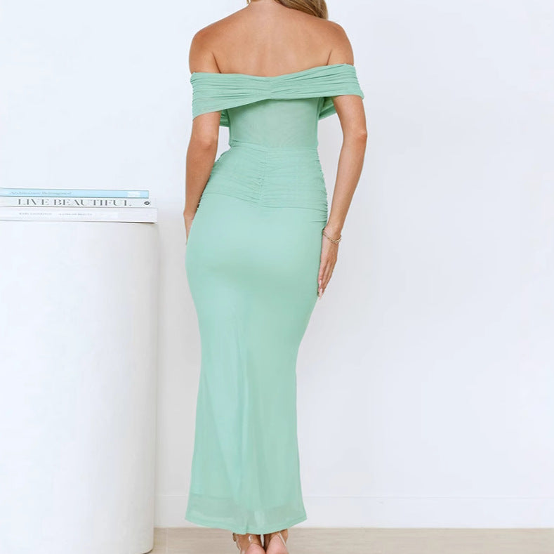 Damen Elegantes Maxikleid mit schulterfreiem Design und raffinierten Rüschendetails EB