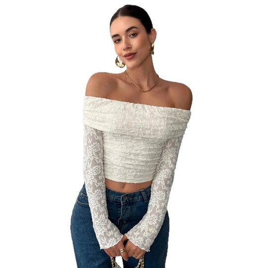 Damen Off-Shoulder Spitzenoberteil mit langem Arm und Rüschendetails EB