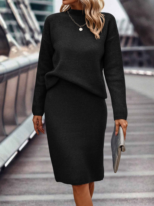Damen nan gestricktes Twinset mit oversized Pullover und knielangem Bleistiftrock EB