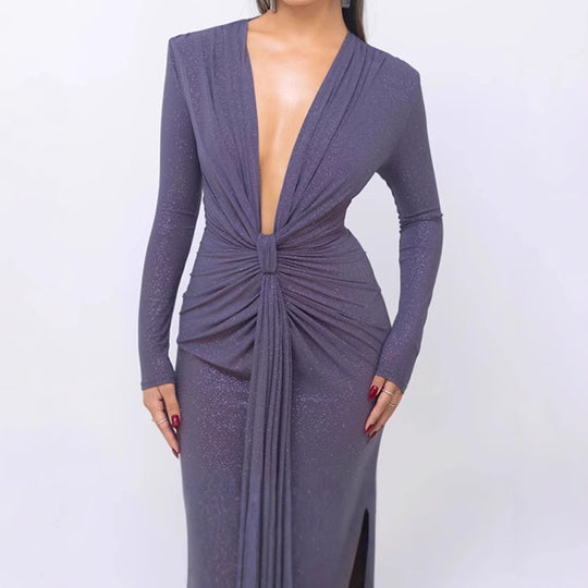 Damen Elegantes Wickelkleid mit tiefem V-Ausschnitt und figurbetontem Design EB