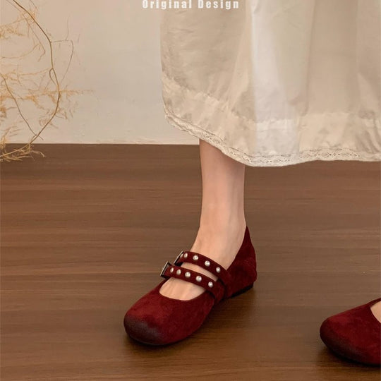 Damen elegante Ballerinas mit dekorativen Schnallen und stützender Innensohle EB