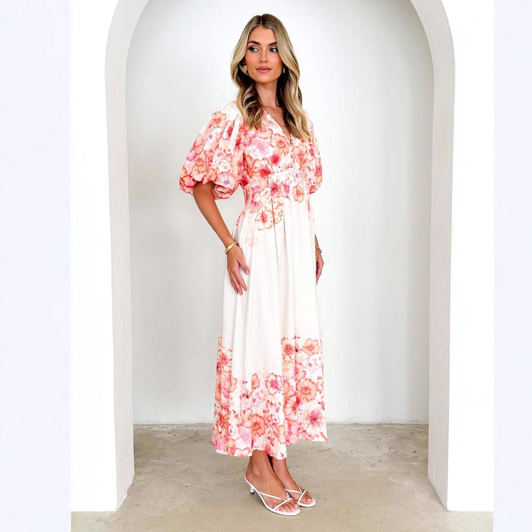 Damen Maxikleid mit voluminösen Ärmeln und floralem Print EB