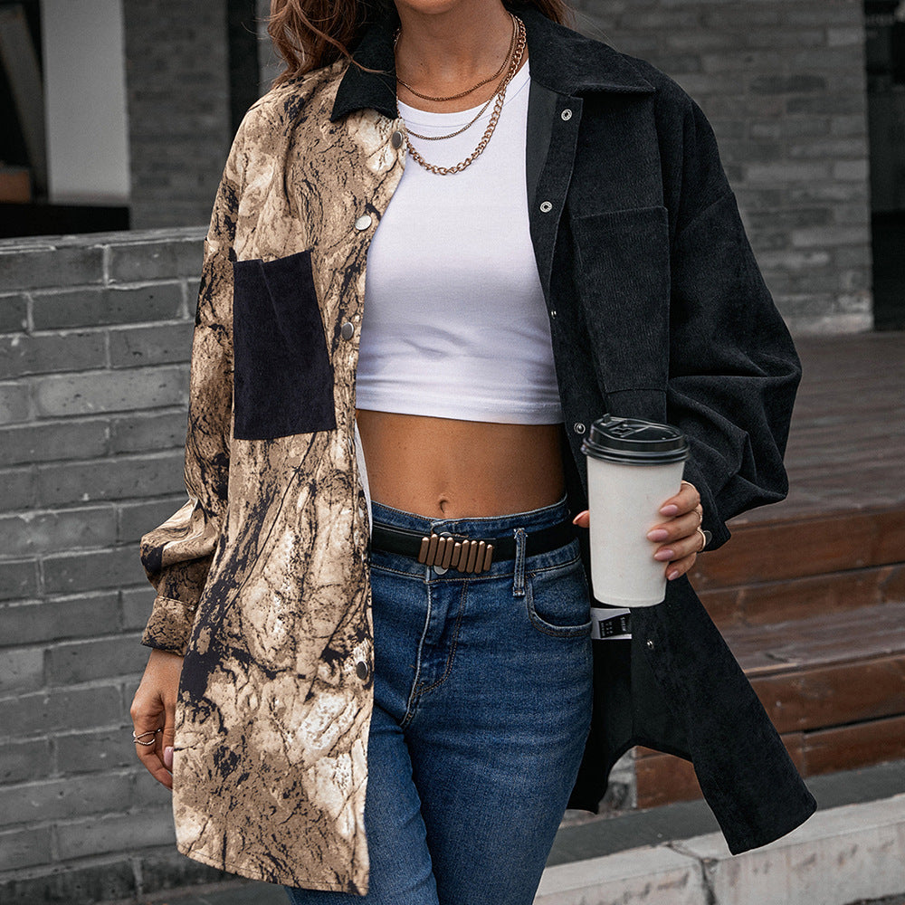 Damen Modische Jacke im Patchwork-Stil mit Druckknopfverschluss und Baumwollmaterial EB
