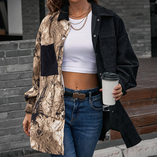 Damen Modische Jacke im Patchwork-Stil mit Druckknopfverschluss und Baumwollmaterial EB