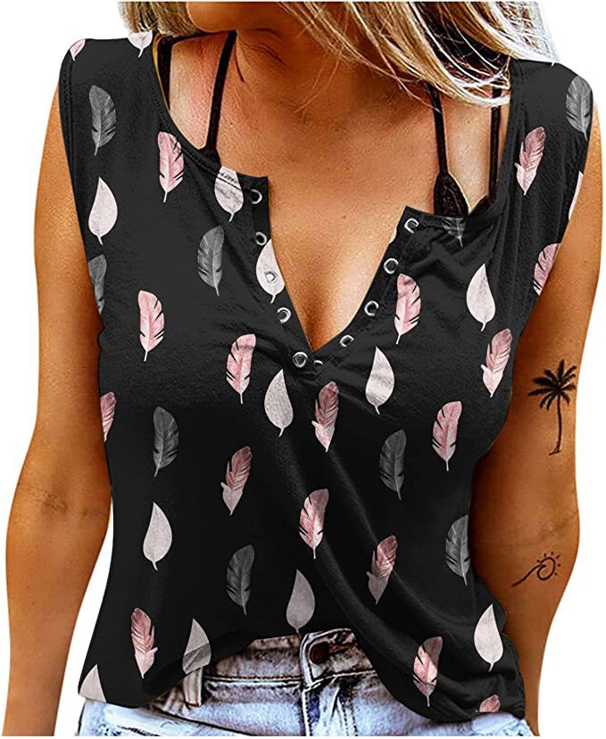 Damen Knopfleisten T-Shirt mit Federmuster EB