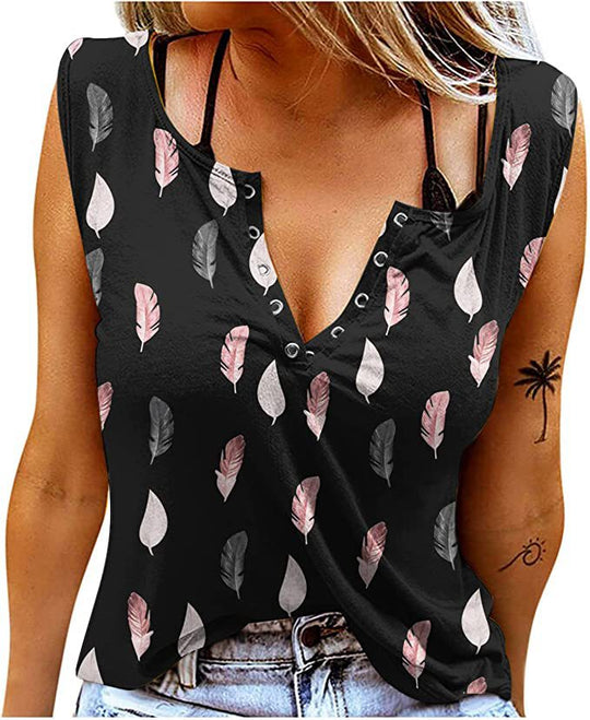 Damen Knopfleisten T-Shirt mit Federmuster EB
